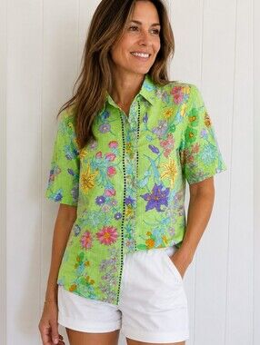 Averardo Bessi Linen Green Floral Ladies Button Down, Size US 6